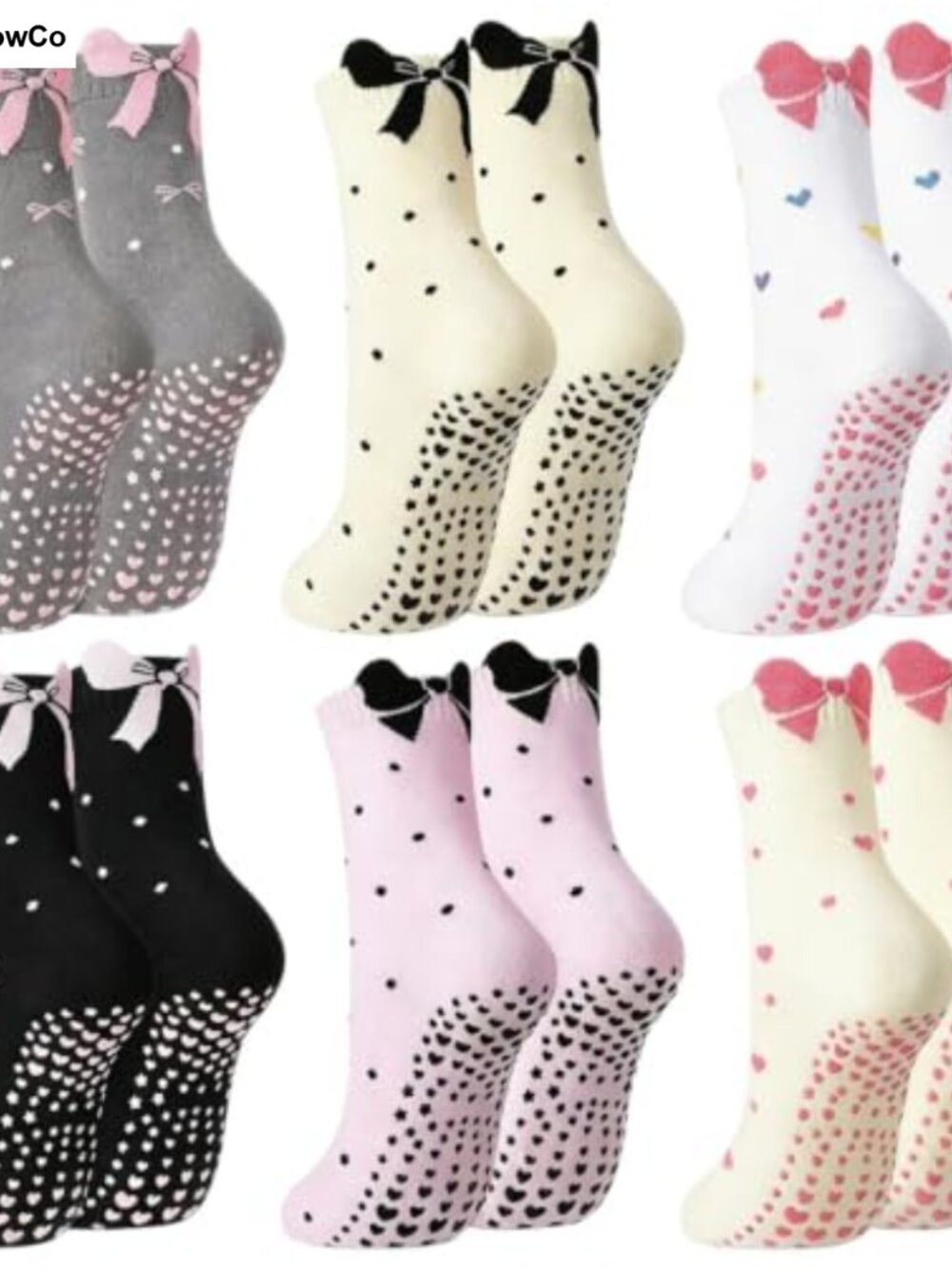6 Pairs Non Slip Yoga Socks Ruffle Edge Bow Polka Dot Women Size 6-9